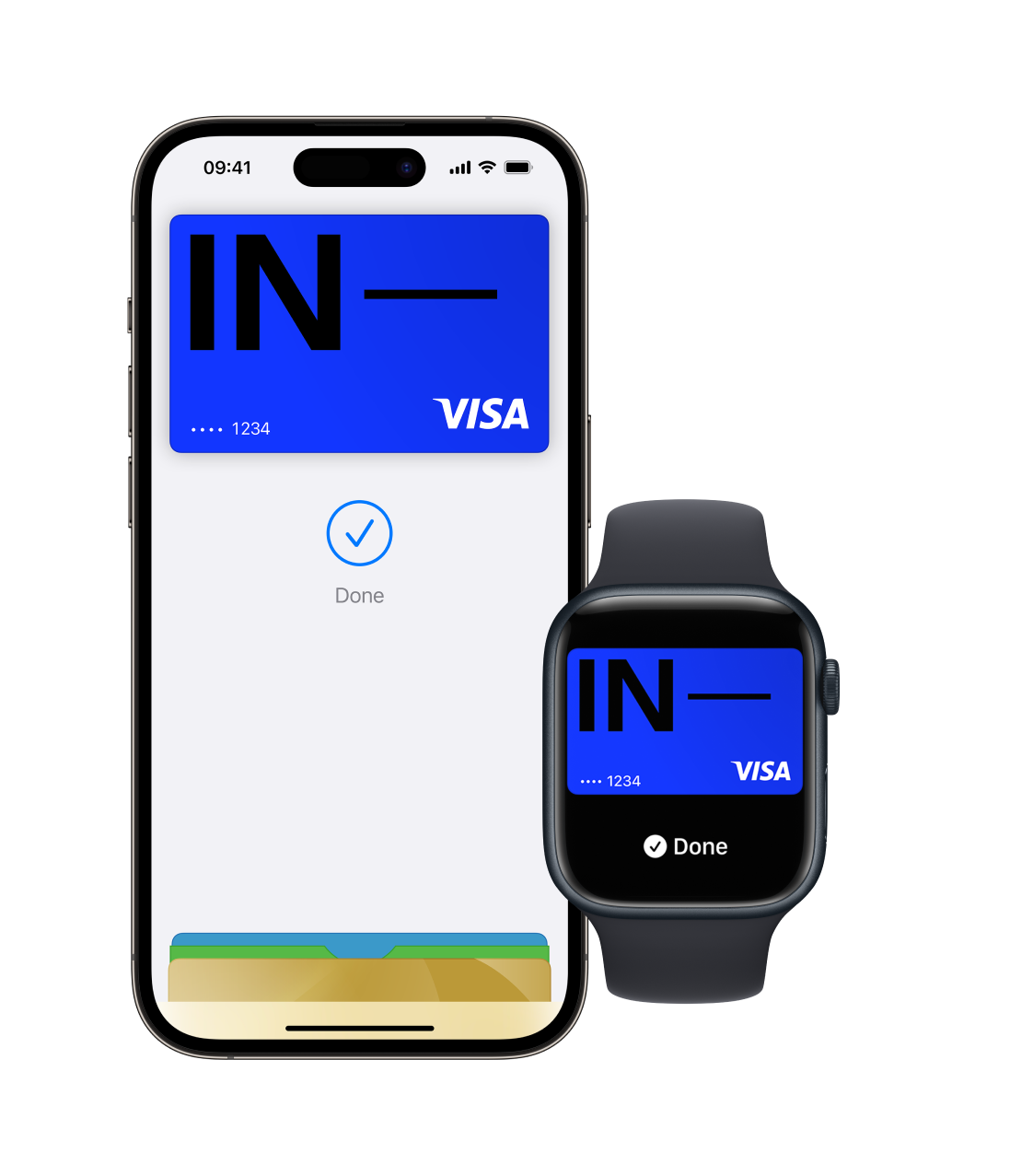 Imagem de um iPhone e um Apple Watch mostrando o aplicativo Apple Wallet e vários cartões com o cartão Incharge colocado na parte superior. Esta imagem mostra o recurso Apple Pay com funcionalidade de carteira digital.